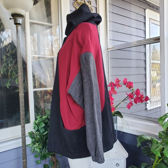 Vintage Leslie Fay Wool Blend Black Gray Maroon Hooded Boho Bomber Jacket XL - Picture 5 of 14